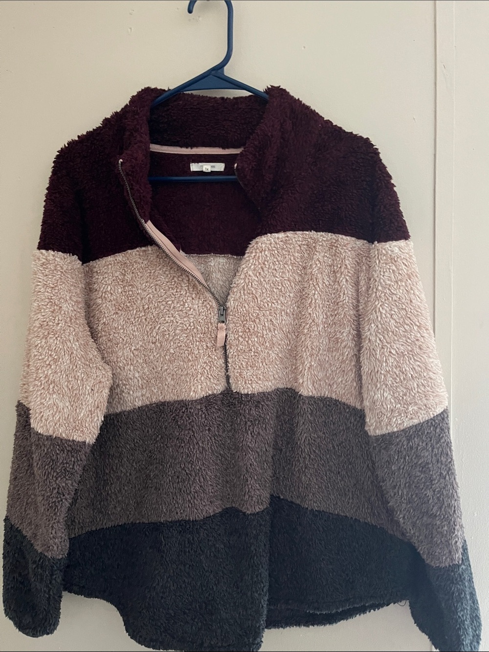 Maurices Colorblock Teddy Pullover Jacket - Plum, Blush & Charcoal